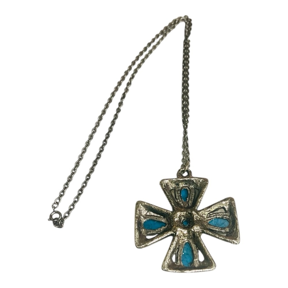 Vintage 1960's Zuni Style Faux Turquoise MalteseCross Pendant Necklace 12” - Picture 3 of 5